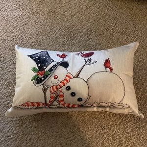 Snowman drinking wine with red cardinals pillow